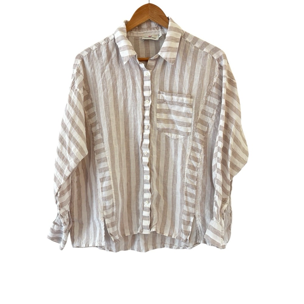 Vineyard Vines Striped Linen Button Up Shirt Womens 8 Beige Coastal Minimalist